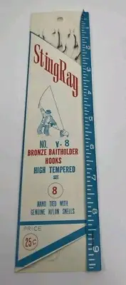 Vintage Stingray High Tempered Size 8 Brinze Hooks 6 Pack Nylon Snell New