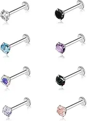 [Elfex] 8PCS G23 Titanium CZ Stud Earrings, 16G Hypoallergenic Internally Threaded Flat Back Piercing Jewelry, Cartilage Lobe Nose for Women & Men, 16g, Titanium, cubic zirconia