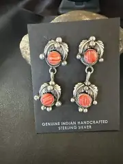 Red Spiny Oyster Pearl Navajo Sterling Silver Dangle Earrings 2062