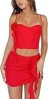 [Yoskog] Women Ruffle 2 Piece Skirt Sets Sheer Mesh 3D Flower Top+Fringed Irregular Bodycon Mini Skirt Y2K Outfit Streetwear, B Red, M