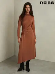 Reiss Camel Casey Draped Jersey Midi Dress (AT5933) | $325
