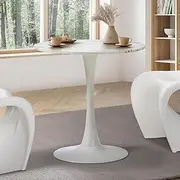 Oikiture 60cm Dining Table with Marble Top and Metal Leg, Round Kitchen Table White