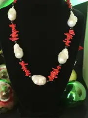 Organic Shape Baroque Pearl Necklace w/Red Coral and Spinel Beads