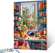 Colorful Kitchen Scene Paint by Numbers for Adults Fruit and Vegetabe DIY Digital Oil Painting Acrylic Paint City Painting Window Flowers Canvas Wall Art Resturant Decor 20x16 Inch Gift（Frameless)