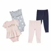 Carter's Baby ~ Four (4) Piece Pants & Body Suit Sets ~ "HAPPY" ~ Size 12 Months