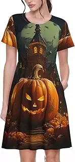 [EdWal] Pumpkin Halloween Print Womens Sundress Summer Floral Short Sleeve Wrap Round Neck A-Line Midi Dress Summer