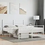 Metal Bed Frame with Footboard, White AU Double 135 x 190 cm, Steel Slats Sturdy Base, Modern Bedroom Bed Frame for Mattress Storage, No Box Spring Needed