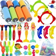 ASONA 32 Pcs Pool Diving Toys for Kids Toddler Age 3-4 4-8 8-12 Swim Toys Set with 4 Water Squirt Gun, Mermaid Pool Toy Diving Rings Sticks Diving Gems Fish Toys, Storage Bag, Pool Game Toy for Kids
