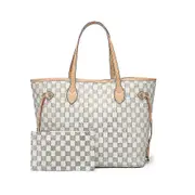 Women Checkered Tote Shoulder Bag Messenger Bag Purse Pu Leather Handbag Bag With Inner Pouch Multi-color Optional White