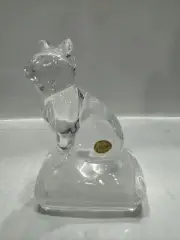 Cristal D'Arques Cat Figurine Clear Lead Crystal on Frosted Glass Base France.