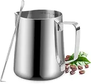 Myrthra Milk Frothing Pitcher with Decorating Art Pen SUS304, Stainless Steel Milk Frother Cup Steaming Measurements Inside for Espresso Machine Coffee Foam Making Cappuccino Latte Art (350 ml)