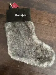 NWT Pottery Barn gray grey Dark Green Cuff Faux Fur Christmas Stocking Jennifer