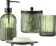 4PCs Heavy Weight Decent Glass Bathroom Accessories Set with Decorative Pressed Pattern - includes Hand Soap Dispenser & Tumbler & Soap Dish & Toothbrush Holder (Oliver Green)