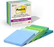 Post-it 100% Recycled Paper Super Sticky Notes, 2X The Sticking Power, 3x3 in, 5 Pads, 70 Sheets/Pad, Oasis Collection (654R-5SST)
