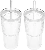 2Pcs Glass Cup with Lid and Straw Beverage Water Glass for Tea Coffee Juice for Home and Office Use