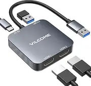 vilcome USB to HDMI Adapter, USB 3.0 to Dual HDMI Adapter with USB 3.0 Port, HDMI to USB Audio Video Graphics Converter Cable for Laptop Monitor Desktop TV, Compatible with Mac OS, Windows