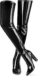 [Wsheliu] Women Thigh High Boots Chunky Heel Over The Knee Boots Patent Leather PU Stretchy Tall Boots Sexy Pointed Toe Fashion GOGO Boots Prom Party Knee High Boots