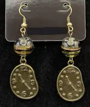 Bronze Tone Clock with Black & Gold Glass Bead Earrings by Neanie-Bot