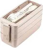 Iteryn Bento Box Lunch Box, 3-in-1 Compartment Lunch Containers - Wheat Straw, Leakproof Stackable Bento Lunch Box Meal Prep