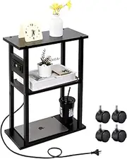 Viviendo Beside Table, End Table with Charging Station, Side Table with USB Ports and Power Outlets, 3-Tier Bed Side Table with Storage Shelf for Living Room, Bedroom, Industrial Style, Black