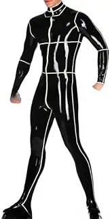 [DAIJES] Black and White Stripes Latex Catsuit with Feet Front to Back Crotch Zipper Rubber Bodysuit Bodysuit