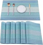 HeloHo Blue Placemats Set of 6,Stain-Resistant Kitchen Table Mats Washable Placemats Crossweave Woven Vinyl Placemat for Kitchen Dining Table