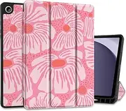 [MEEgoodo] Case for Samsung Galaxy Tab A9 Plus 11 inch Cover 2023 with S Pen Holder, A9+ Smart Tablet Cases with Leather Trifold Stand+Soft TPU Back Shell+Smart Auto Wake/Sleep, Pink Style Floral