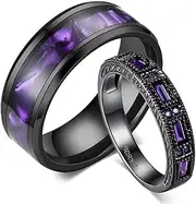 [XAHH] His and Hers Couple Rings,18K Black Gold Filled Womens Eternity Wedding Ring Purple Cubic Zirconia Cz,8mm Titanium Steel Mens Classics Wedding Bands
