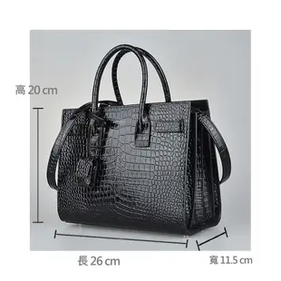 YSL SAINT LAURENT SAC DE JOUR 燙銀LOGO亮面鱷魚紋牛皮開口式手風琴手提斜背包(展示品/黑