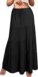 [Ezcosplay] Women Ruffle Tiered Cotton Maxi Skirt Drawstring Elastic High Waisted Pleated A Line Swing Long Skirts, Black, Medium