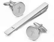 [Asienice] Silver Brushed Mens Cufflinks and Tie Clip set Engraved Cross Cuff Links Men Western Suit Accessories Jewelry, Luxurious, Metal, No Gemstone