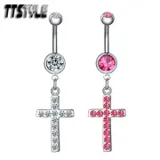 TTStyle Crystal Cross Dangle Belly Bar Ring Clear/Pink NEW