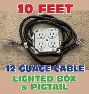 LIGHTED 12/3 EXTENSION CORD 10' w/METAL OUTLET DROP BOX STAGE POWER DISTRO STRIP