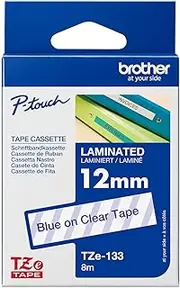 Brother Genuine TZe-133 Laminated Tape, Blue On Clear, 12mm x 8m