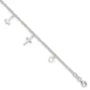 Sterling Silver Cross Heart and Anchor 9" Plus 1in ext Anklet
