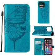 For iPhone 14 Pro Case, Embossed Floral Butterfly, PU Leather Wallet Cover, Lanyard, Stand, Blue