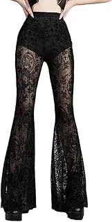 [Botenwall] Women's Gothic Lace Pants Black Goth Bell Bottom Pants Punk Grunge Rave Flared Leggings