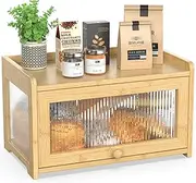 BAMBANG Bamboo Bread Box for Kitchen Counter, Bread Storage Container Farmhouse Bread Box with 3 Sides Wavy & Back Clear Window, Acrylic Breadbox Bread Bin Holder for Homemade Bread, Natural