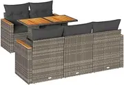 vidaXL 6 Piece Grey Garden Sofa Set with Cushions - Poly Rattan/Acacia for Patio, Backyard, Terrace - Includes Table, Modular Design with Under-Seat Storage