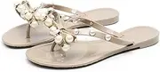 [QTONG] Ladies Flat Slippers Summer Womens Rivets Bowtie Flip Flops Jelly Thong Sandal Rubber Flat Beach Rain Shoes Pearls (Color : Beige, Size : 37EU)