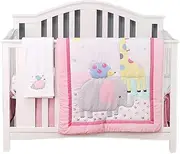 Sweet baba Jungle Crib Bedding Set for Baby Girls, Pink Crib Set, 4 PCS Nursery Bedding Set with Crib Quilt/Sheet/Dust Ruffle/Blanket