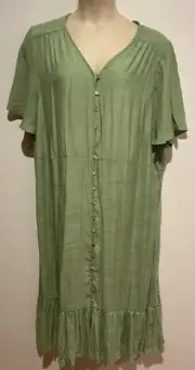 Green Short Sleeve Midi Lined Dress/ Ruffle/ Front Buttons Size24 Autograph NWT