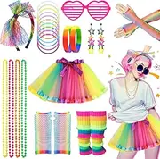 80s Fancy Dress Accessories Set, 1980s Party Costume Kit Rainbow Tutu Skirt Leg Warmers Fishnet Gloves Glasses Earrings Bracelet Necklace Headband, Retro Outfit for Women Dress up Day