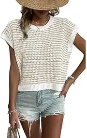 [Generic] Women's Striped Knit Sweater Vest Sleeveless Round Neck Casual Loose Plaid Pullover Sweater Sports Vest Top, Khaki, XX-Large