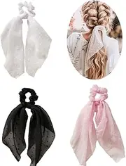RTTYOA 3 Packs Scarf Scrunchies, Polka Dot Daisy Flower Hair Scarf Scarves, Satin Silk Long Tails Scrunchy, Bowknot Hair Bands, Elastics Ponytail Holder, Donut Hair Ties for Women Girls (Style3)