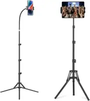 Tablet Tripod Holder, Gooseneck 360° Rotating Floor Stand, 27-65 Inch Height