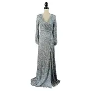 Mac Duggal Womens Sequined Evening Gown Dress Plunge Neckline Long Dress