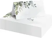 50pcs Wedding Place Cards, Table Seating Cards Paper Green Leaves Pattern Design Tented Blank Name Cards for Weddings Dinner Parties Birthday Receptions Table Setting (Colour:White)