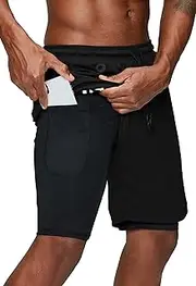 [Pinkbomb] Men's 2 in 1 Running Shorts Gym Workout Quick Dry Mens Shorts with Phone Pocket