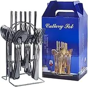 BEALIFE 24pcs Stainless Steel Tableware Cutlery Set for Everyday 3. Comes Hanging Rack for Easy Storage and Retrieval Flatware, Black